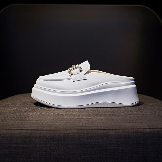 6Cm height increase real soft leather bag head half slippers women 2025 autumn new Internet celebrity thick sole without heel lazy shoes tide