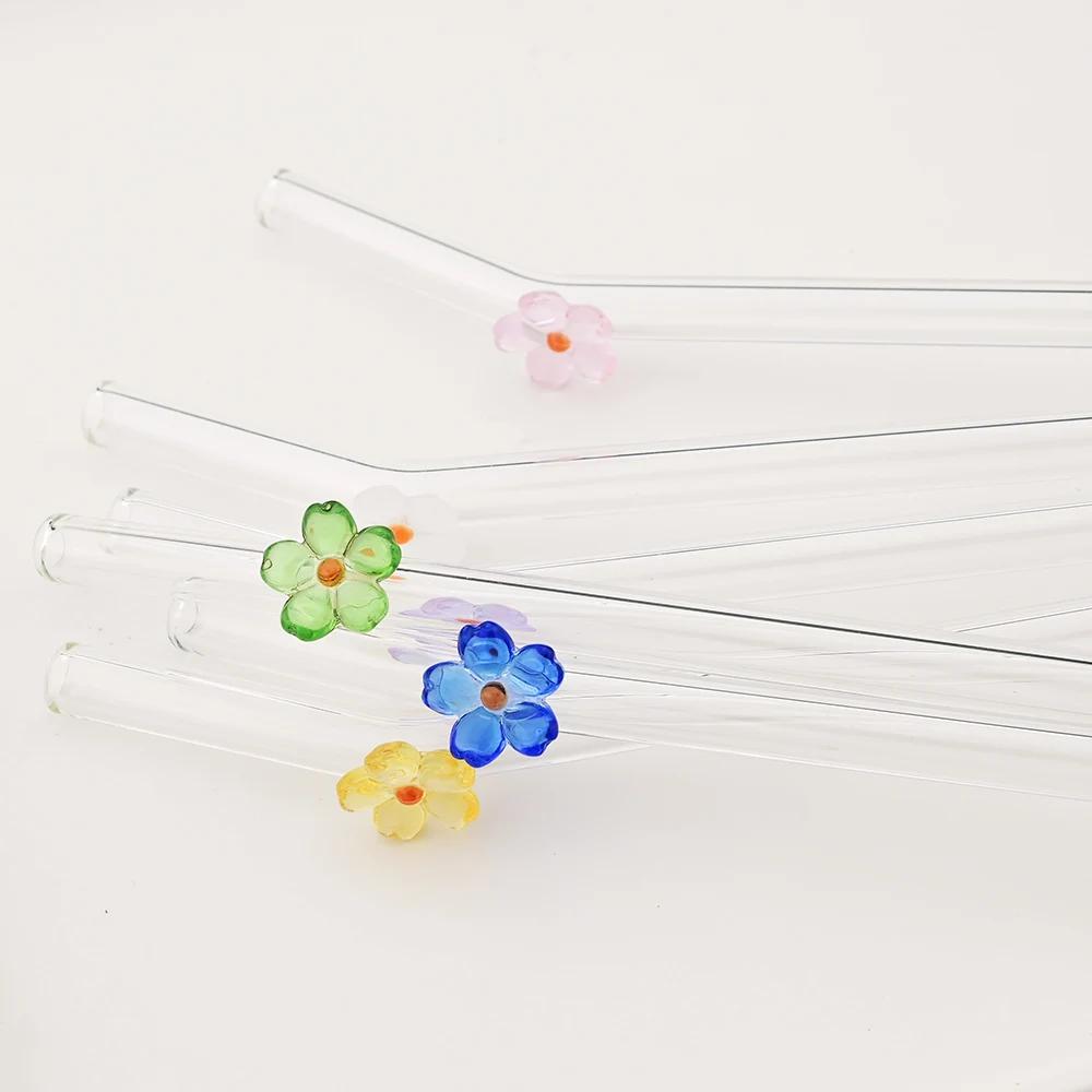 6PCS Reusable Drinking Straws Cute Flower Glass Straws with Cleaning Brush for Coffee Lover Smoothies Frozen Drinks Tea Juice