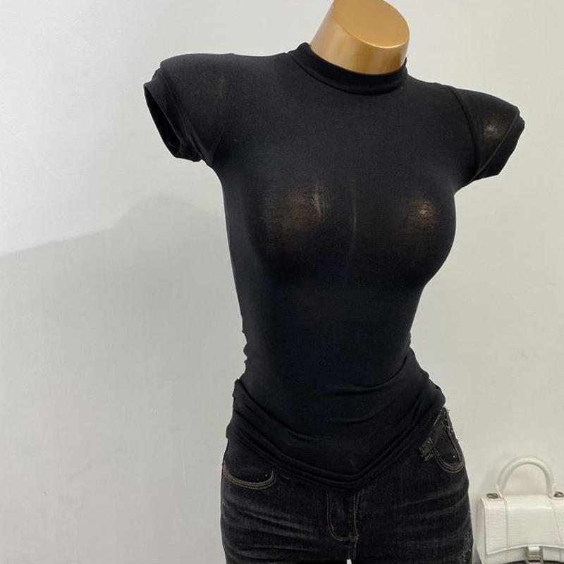 

Футболка с полувысоким воротником, корейская прозрачная футболка с короткими рукавами, облегающая эластичная однотонная рубашка с внутренней нижней частью, сексуальная футболка с большой грудью One size чёрный