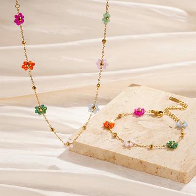 Vergulde Roestvrij Staal Waterdichte Ketting Armband Set Kleurrijke Kunstmatige Kristal Bloem Ketting Sieraden Set voor Vrouwen Cadeau