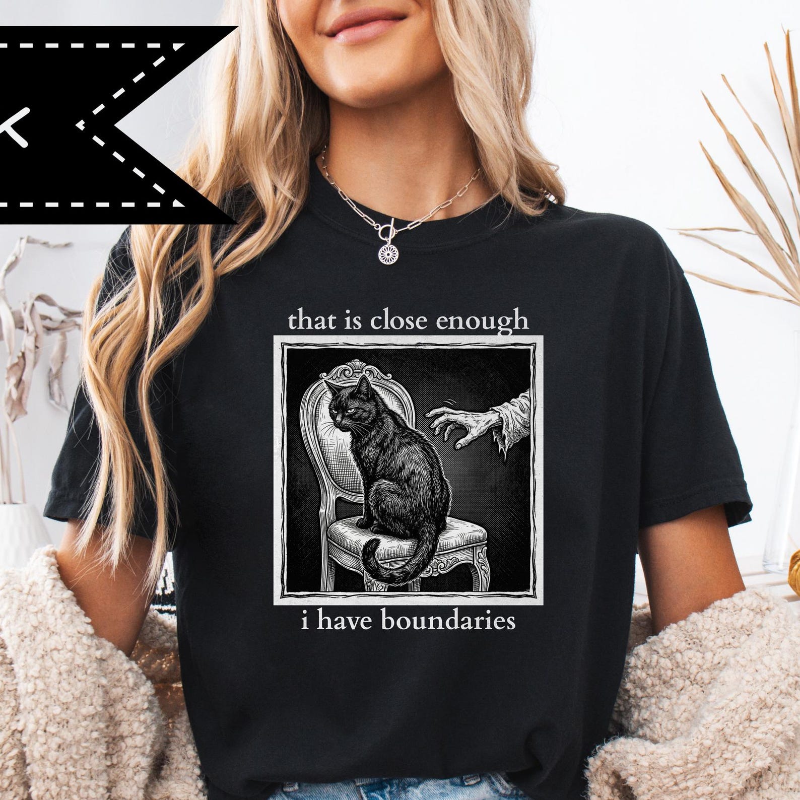 I Have Boundaries Black Cat T-Shirt, Gothic Cat Graphic Tee, Retro 90s Style 2XL