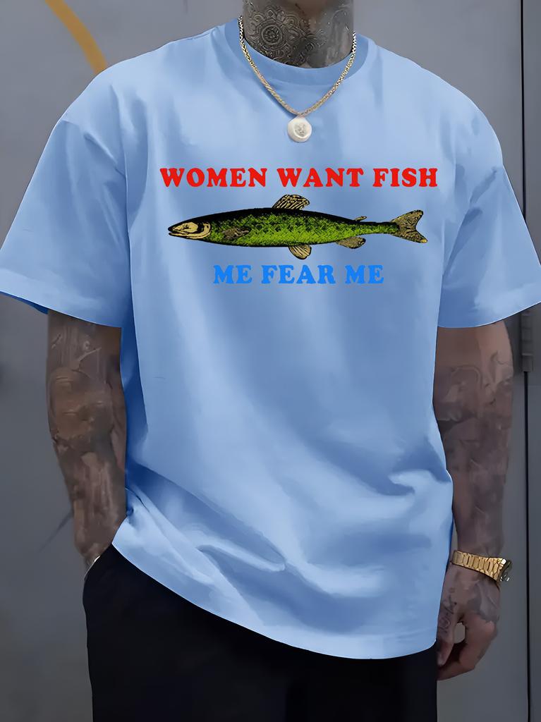 Unisex O Neck Tee Funny Text And Vintage Fish Graphic Print Cotton Short Sleeve Loose Summer Breathable Daily Casual Basic Wear Top