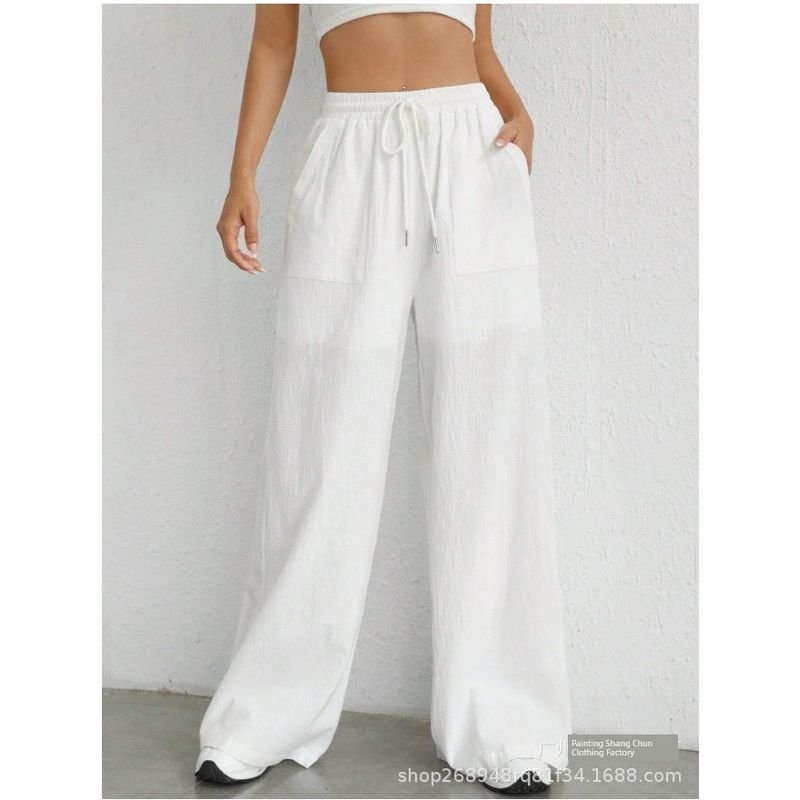 

European and American New Women Casual Solid Drawstring Straight Micro Pocket Casual Pants White XL