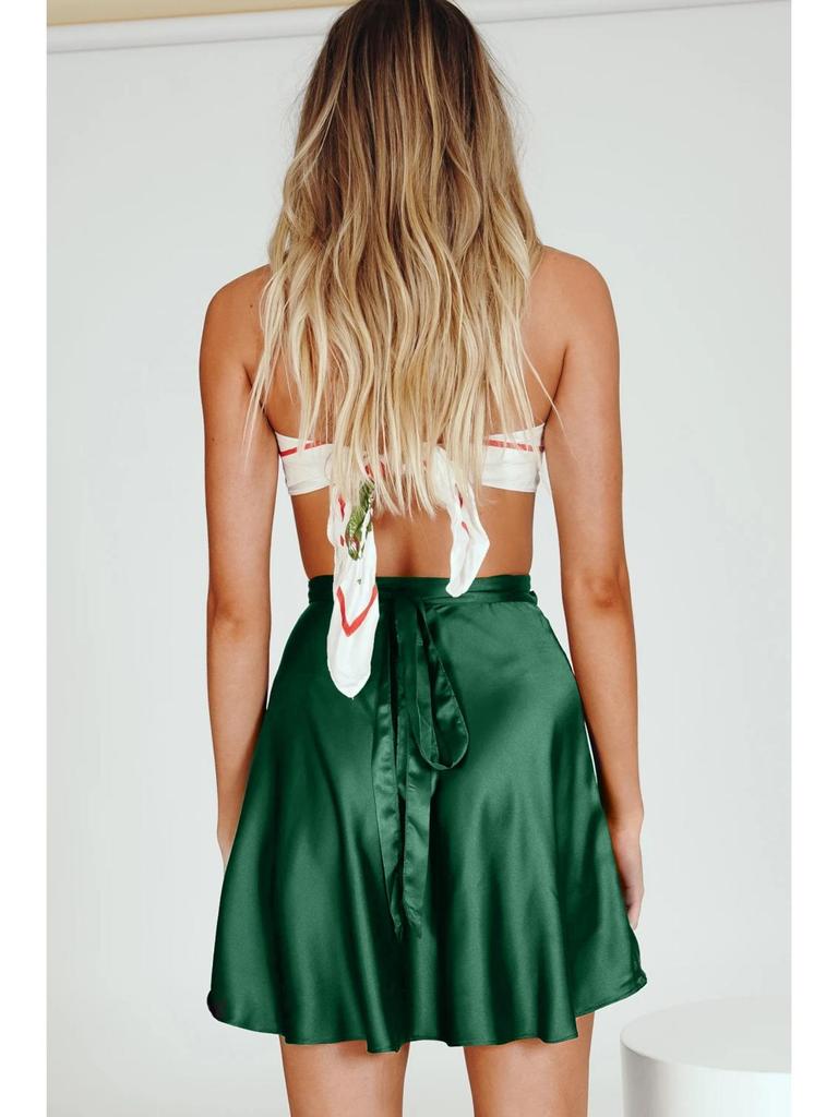 Einfarbiger Rock mit hoher Taille, modischer, einteiliger Schnür-Kurzrock, Chiffon-Satin-umwickelter Minirock