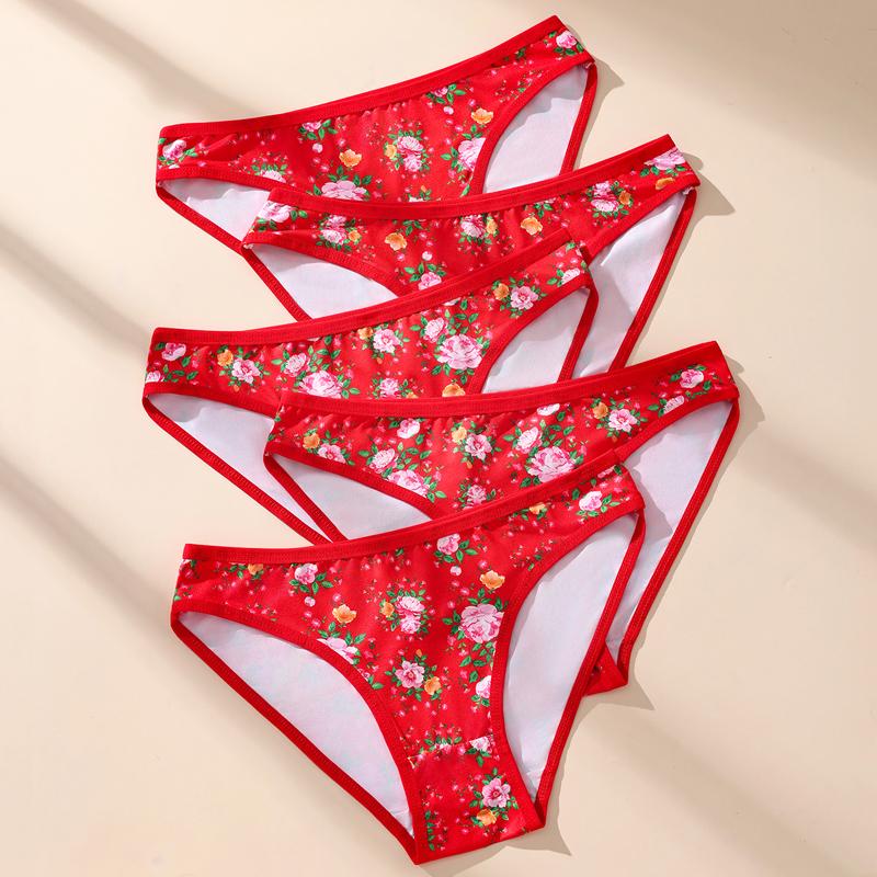 

5Pcs/Set Women Cotton Panties Floral Red Underwear Low Waist Briefs Girls Panty Sexy Ladies Underpants Soft Female Lingerie S-L S