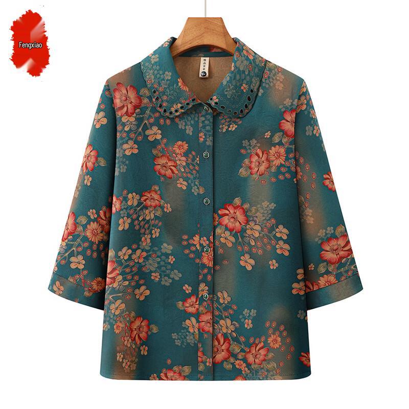 Elderly Women's Floral 3/4 Sleeve Lapel Blouse