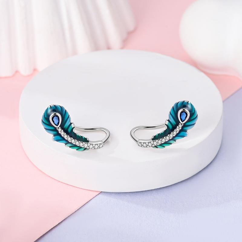 925 Sterling Silver Earrings Women Blue and Green Color Feather Hoop Earring For Anniversary Wedding Jewelry GiftsGood product