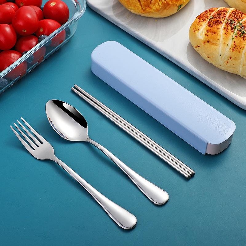 Stainless steel portable storage tableware set, chopsticks, spoons, student office workers with box, fork and spoon three-piece set