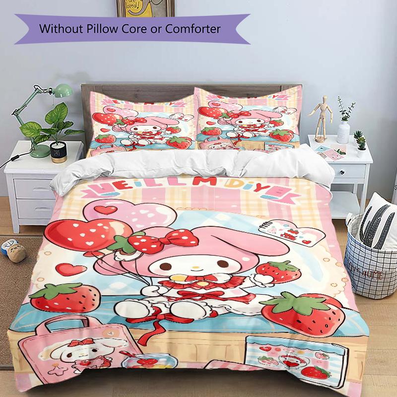 3pcs Strawberry My Melody Bedding Set, Including 1 Quilt Cover and 2 Pillow Shams, Without Filling, Soft and Comfortable Home Bedroom W101