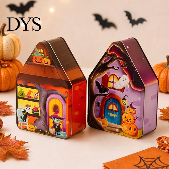 Decorative Metal Containers for Candies Halloween Tin Candy Box, Haunted House Pumpkin Bat Print Storage Jar Party Favor Boxes Favors, Small