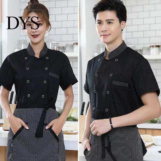 Waiter Garment Stand Collar Short Sleeve Double Breasted Patch Pocket Splicing Color Chef Top Uniform Women Men Service Bakery Breathable Shirt