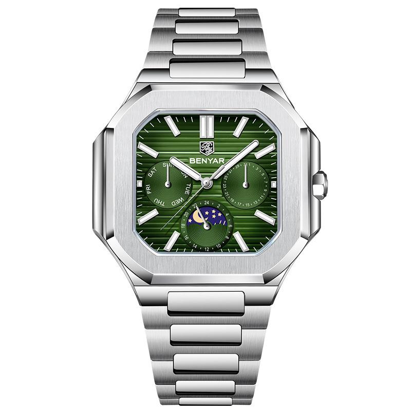 BENYAR 5221 New Square Moon Phase Watch: Classic Luxury Men's Quartz Watch with Sapphire Crystal and Stainless Steel Strap