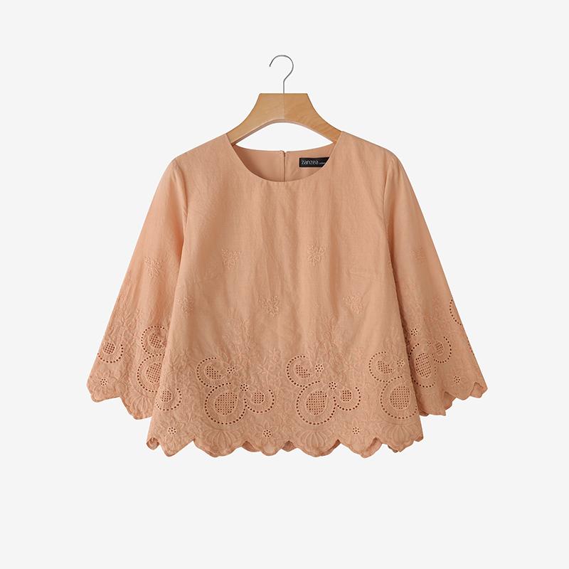 

ZANZEA Женская повседневная блузка с круглым вырезом, вышивкой и крючком, летняя, с рукавом 3/4 S хаки