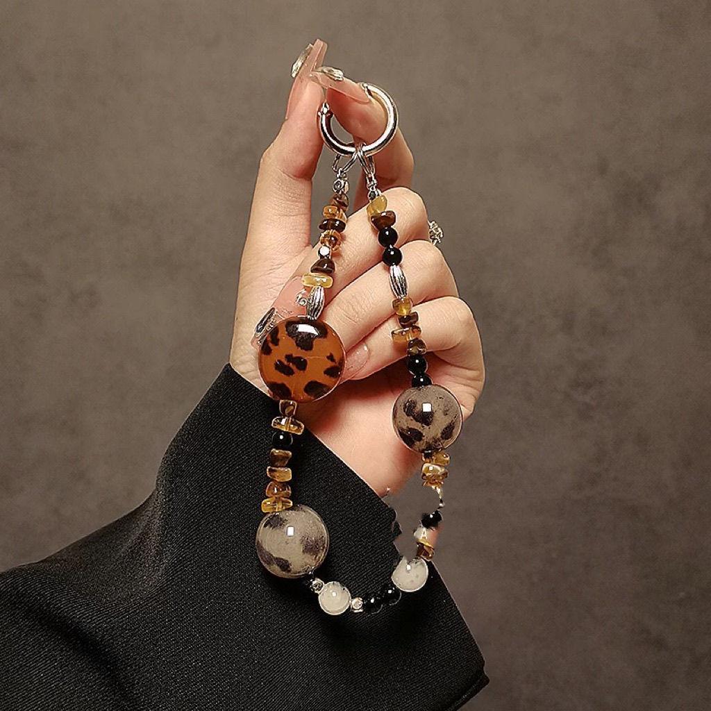 Laccetto per Telefono in PVC con Stampa Leopardo e Perline, con Porta-Tessera, per Uomo e Donna