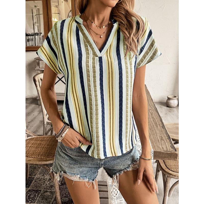 

YYFS женские модные повседневные летние весенние блузки и рубашки с короткими рукавами и v-образным вырезом в полоску с принтом S жёлтый