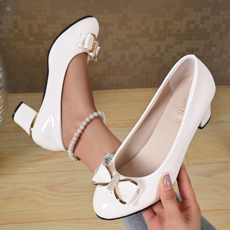 2026 Women Pumps Spring Autumn Shallow Patent Leather Heels Women Sweet Bow Round Toe High Heels Shoes Women Zapatos De Mujer