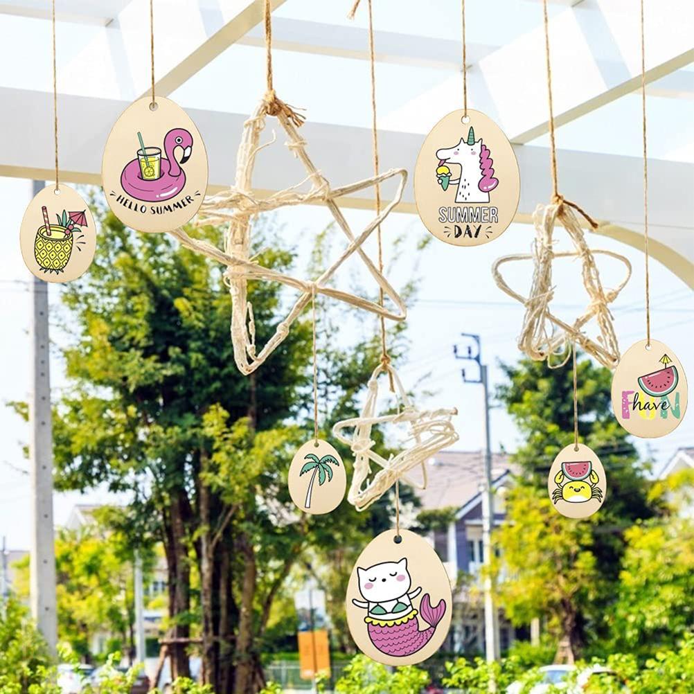 Easter Egg Wood Slice with Hemp Ropes DIY Unfinished Paint Crafts Easter Hanging Pendant for Easter Decor
