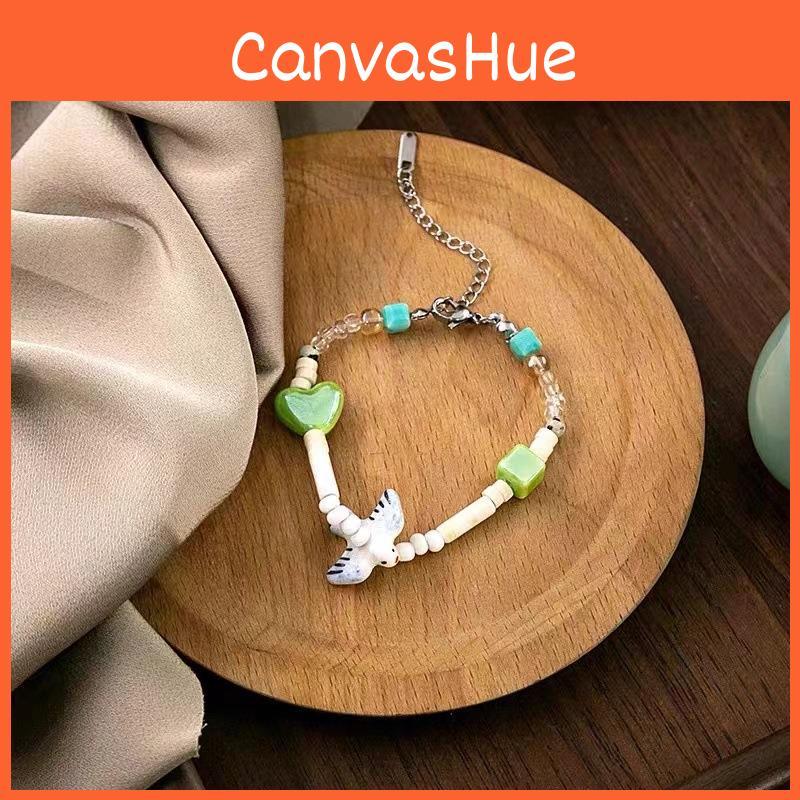 Womens Ceramic Trendy Beaded Bracelet With Heart And Geometric Charms Style Retro