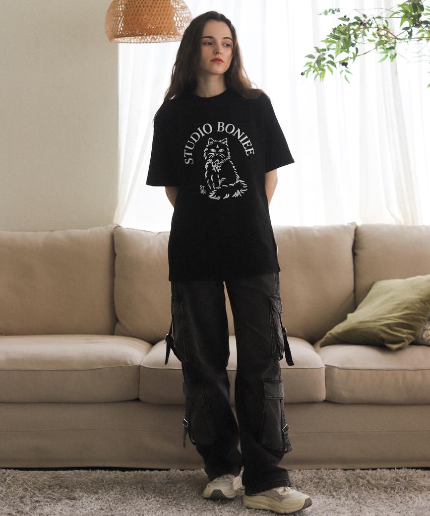 BONIEE New Cat Symbol Cat Graphic Loose Oversized T-Shirt Black