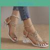 Rhinestone Flower Womens Heel Block Sandals Fashion Square Open Toe Elastic Strap Slip On High Heels Versatile Sandals