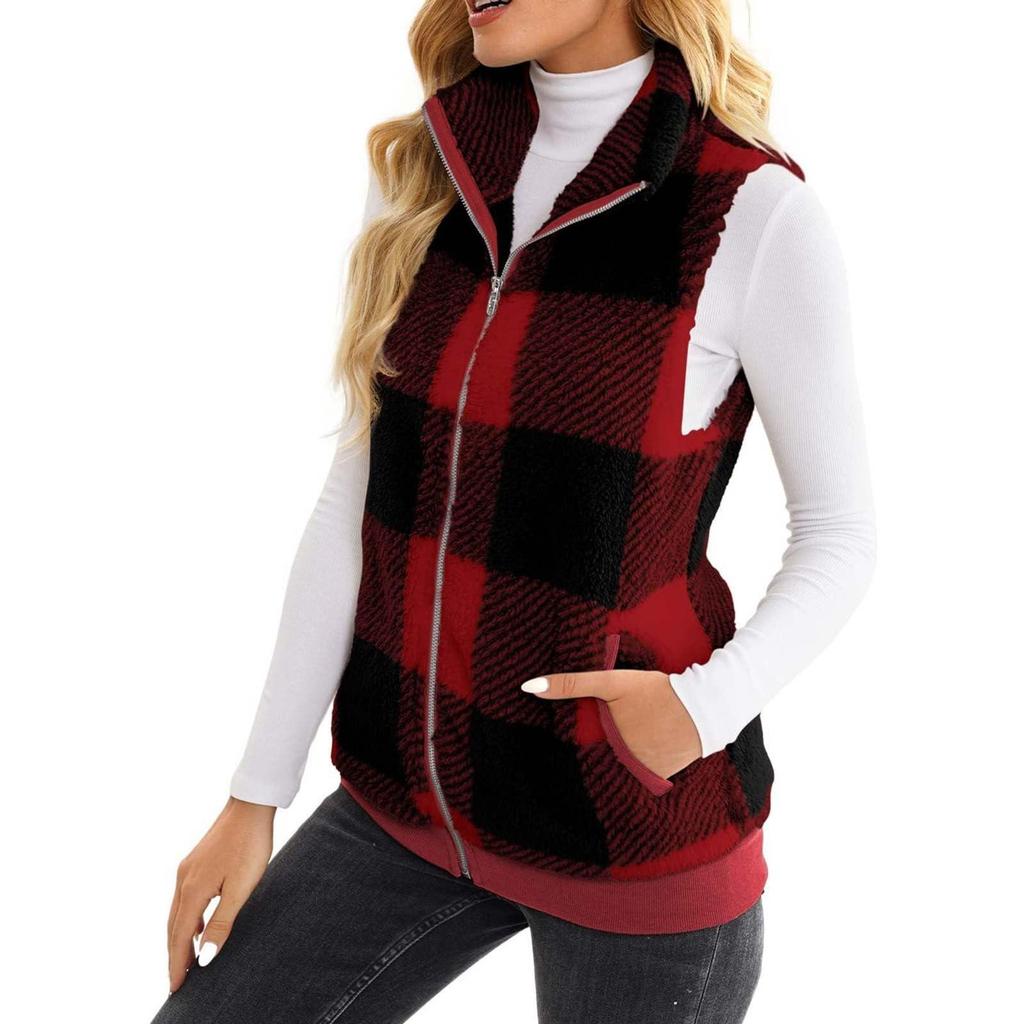 Women's Vest Plaid Comfortable Fleece Cardigan Vest Stand Collar Sleeveless Women's Jacket
