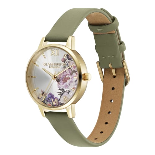 Authorized Retailer OLIVIA BURTON Women's Watch 24000228 Illustrated Floral Midi Ivory Gold Sage Green Leather
