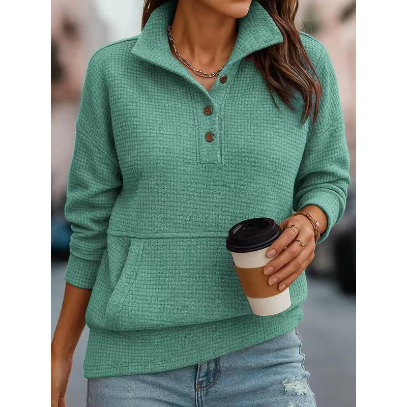 Women's Waffle Knit Quarter Button Pullover Sweatshirt Loose Fit Stand Collar Pocket Casual Top