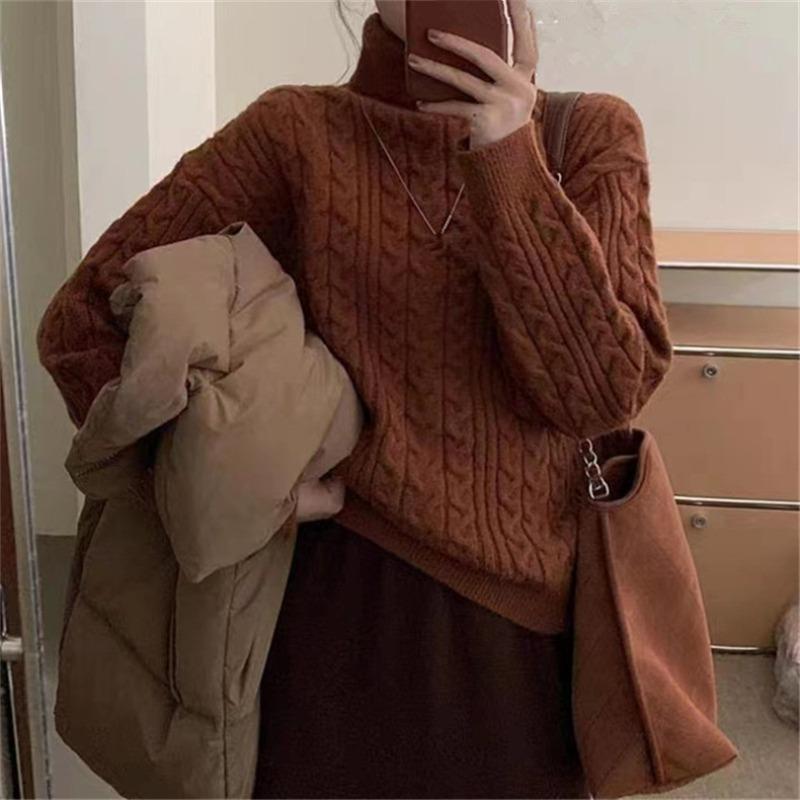 Retro twist turtleneck pullover bottoming sweater women's autumn and winter new soft waxy loose lazy knitted sweater top