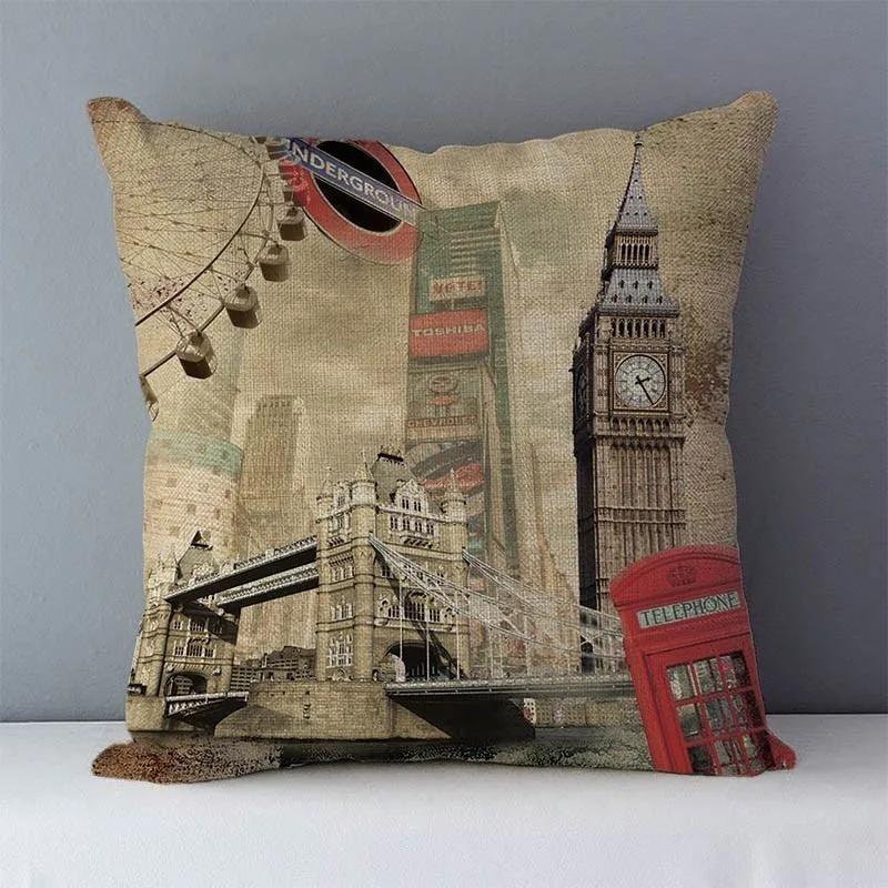 Retro cozy couch cushion cover home decorative pillows London  scenic printed square  pillowcase seat back cushions