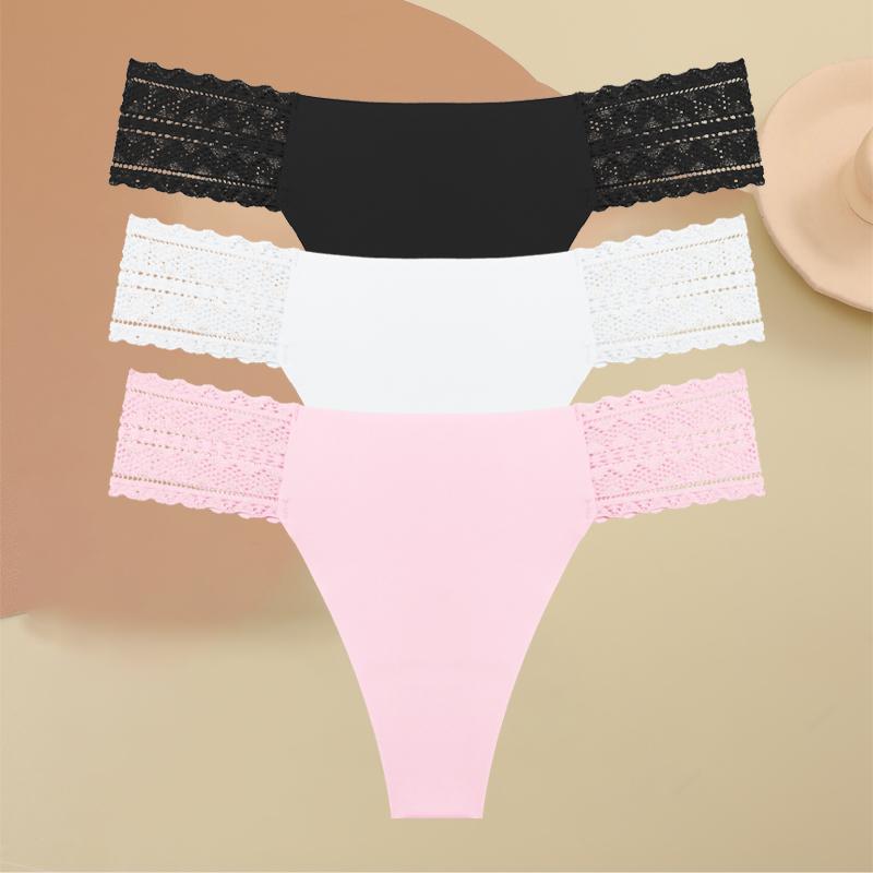3Pcs Seamless Women Panties Sexy Lace G-string Hollow Out Waist Underwear for Female Solid Thongs Low Rise Lingerie S-XL
