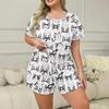 Sommer-Pyjama-Set in Übergröße 3XL 4XL 5XL mit Kurzarmoberteilen und Shorts, lässiger, übergroßer, weißer Pyjama mit Cartoon-Druck für Damen, Nachtwäsche-Set, Homewear
