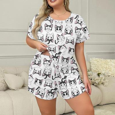 Yaz büyük beden 3XL 4XL 5XL kısa kollu üstler ve şortlar pijama takımı gündelik bol karikatür baskılı beyaz kadın pijamaları uyku giyim seti ev giyimi
