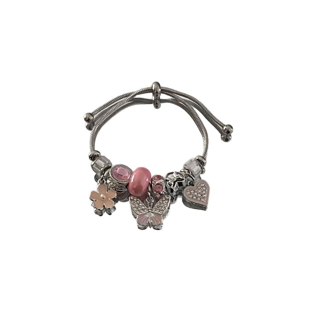 Sweet Cool Princess Style Pink Butterfly Pendant Bracelet With Rhinestones For Women