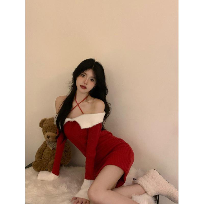 Chic One-Shoulder Knitted Dress: Autumn Christmas Style, Halter Neck, Slim Fit Short Skirt for Women