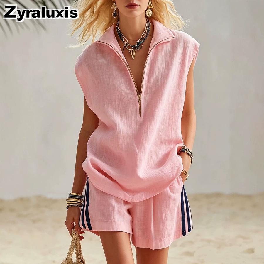 New Summer Zipper-Neck Patchwork Casual Top + Shorts