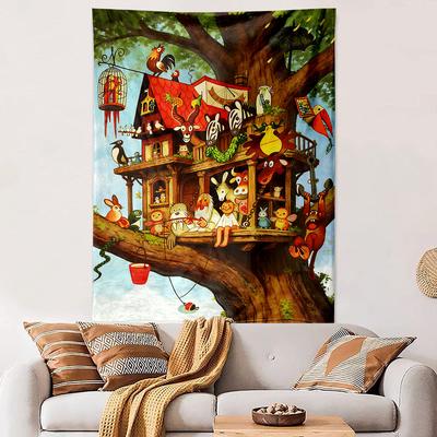 "Whimsical Treehouse with Animal Friends" Patterned Tapestry Home Decor, Suitable for Bedroom and Living Room, Gift