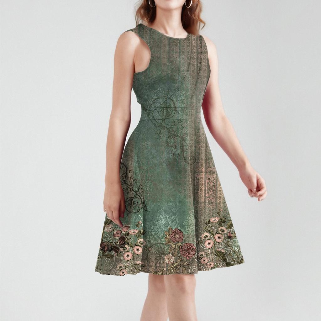 Women's Summer Sleeveless Casual Slim Fit Printed Vest Beach Swing A-Line Sun Skirt