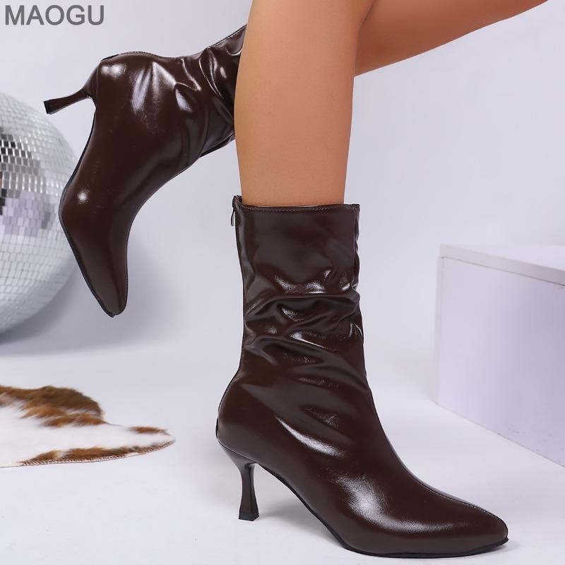 Pointed Toe Vintage High Heel Fashion Boots 2026 Winter Plush Pleated Short Boots for Women Warm Botines Brown Zapatos De Mujer