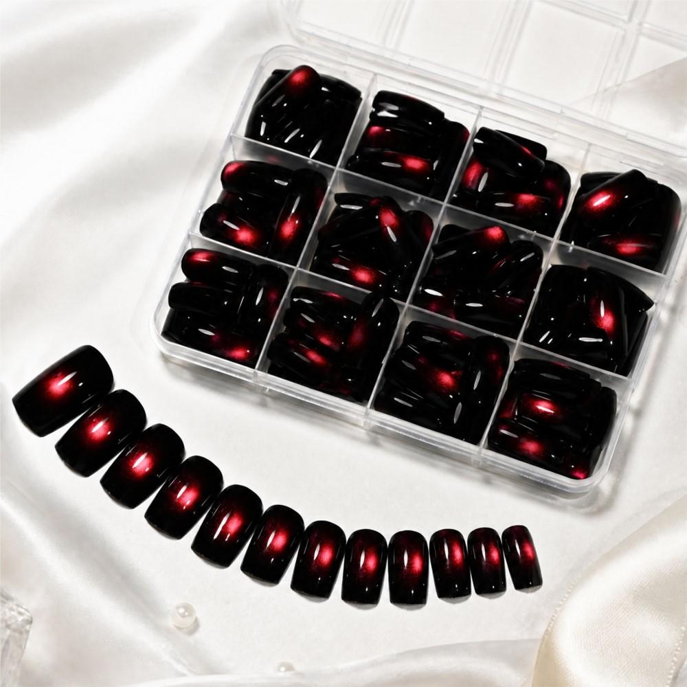 144pcs 3D Red Glitter Cat Eye Press On Nails Medium Square Shiny Red Cat Eye Fake Nails Full Cover Acrylic Cat Eye False Nails