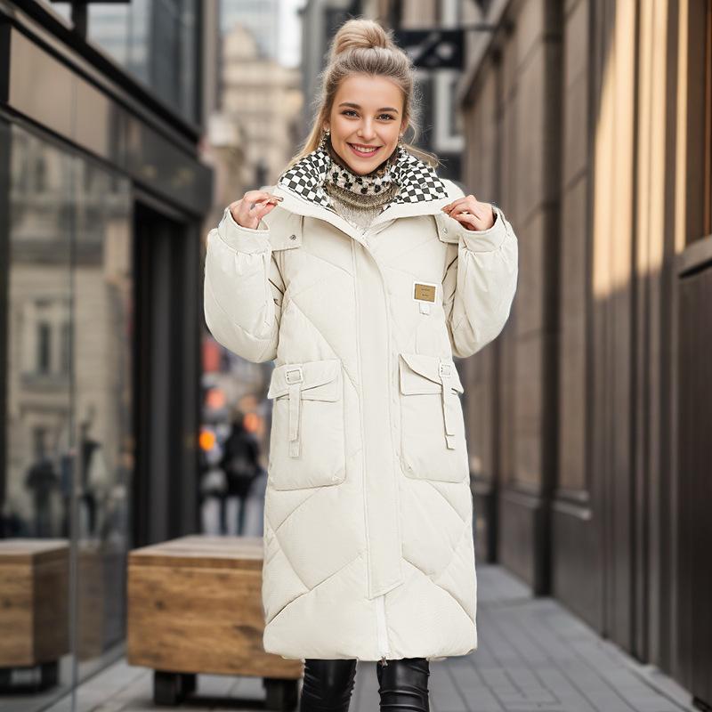 Damen Winterjacke 2026 Winter Damen Lange Jacke Kariert Revers 2 Taschen Verdicken Warme Baumwolljacke Damen Damenjacke