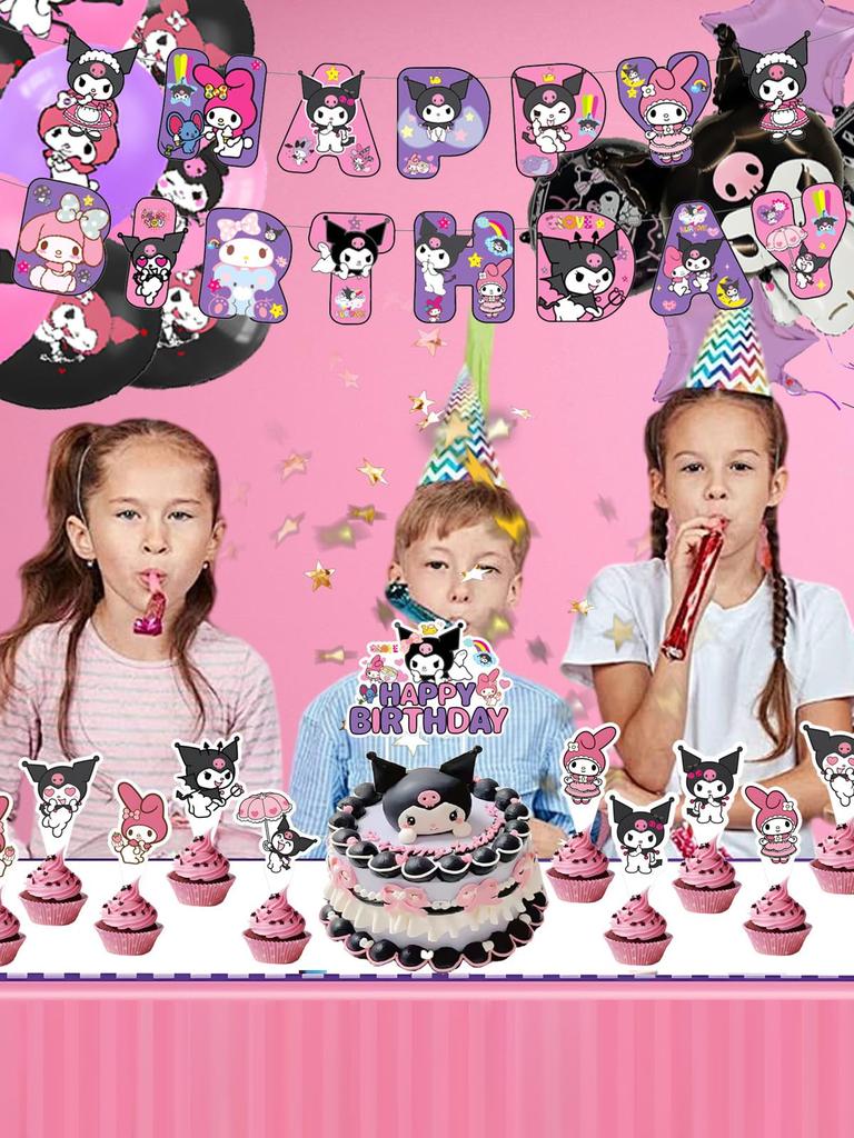 Sanrio Kuromi Birthday Decorations for Kids, Pink Balloon Set, Happy Birthday Balloons and Cake Topper, Cute Blue, for Girls and Boys, Anniversary,