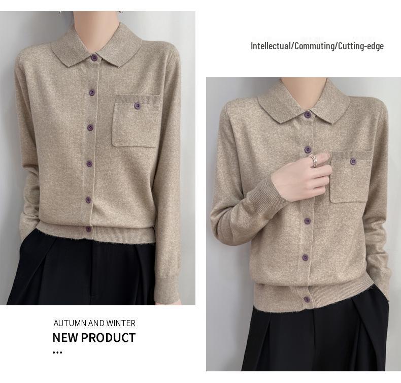 Women's Autumn Lapel Pocket Wool Cardigan – Long Sleeve Solid Color Knit Outerwear