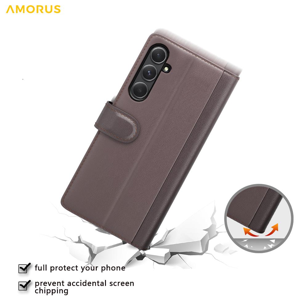 AMORUS For Samsung Galaxy A55 5G Stand Cases Calf Texture Genuine Split Leather Wallet Phone Cover