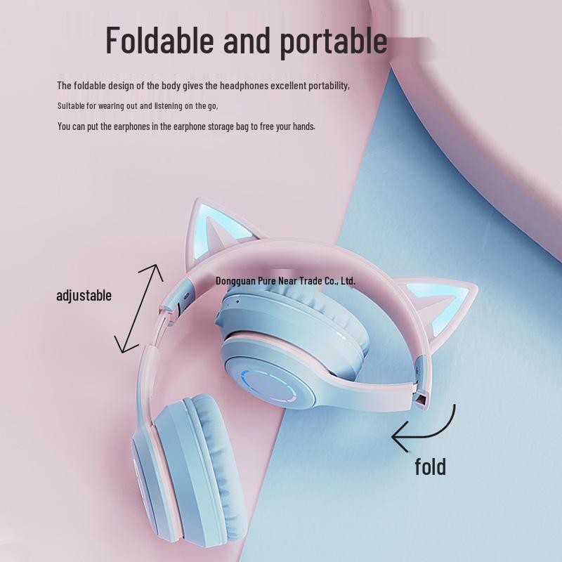 2025 New Cute Wireless Over-Ear Cat Ear Headphones with Mic, Noise Cancelling for Children's Gaming - Girls' Style