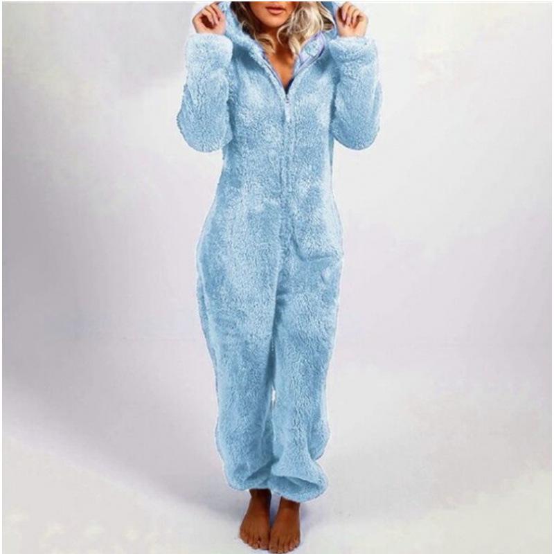 2024 Trendy EU & US Fall/Winter Fleece-Lined Thick Hooded Jumpsuit Pajamas for Women