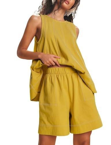 Women's two-piece shorts set Summer round neck sleeveless vest drawstring elastic waist shorts with pockets