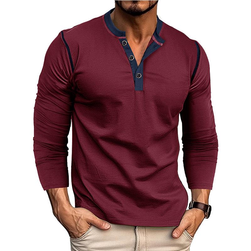 Men's Contrast Piping Raglan Henley Shirt Placket Long Sleeve Slim Casual Vintage Tee