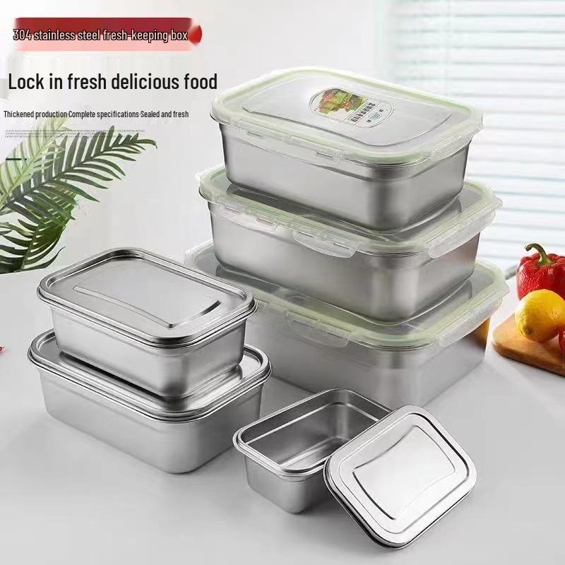 304 Stainless Steel Square Storage Box with Lid - Food Grade Fresh-Keeping Container