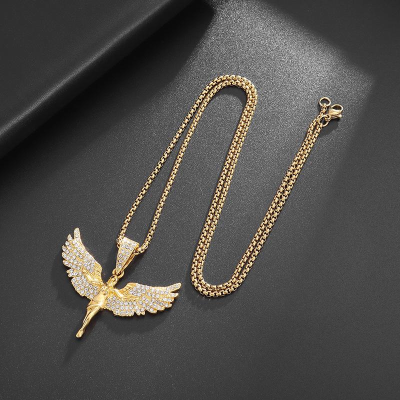 Vintage Neutral‑Style Gold‑Tone Diamond‑Inlaid Angel‑Wings Pendant Necklace, Unisex Rap‑Hip‑Hop‑Inspired Fashion Decorative Jewelry