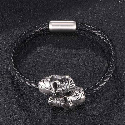 Bracelets Joncs en Cuir Squelette Punk pour Homme Tresse Noire Corde Bijoux Homme Bracelet de Poignet